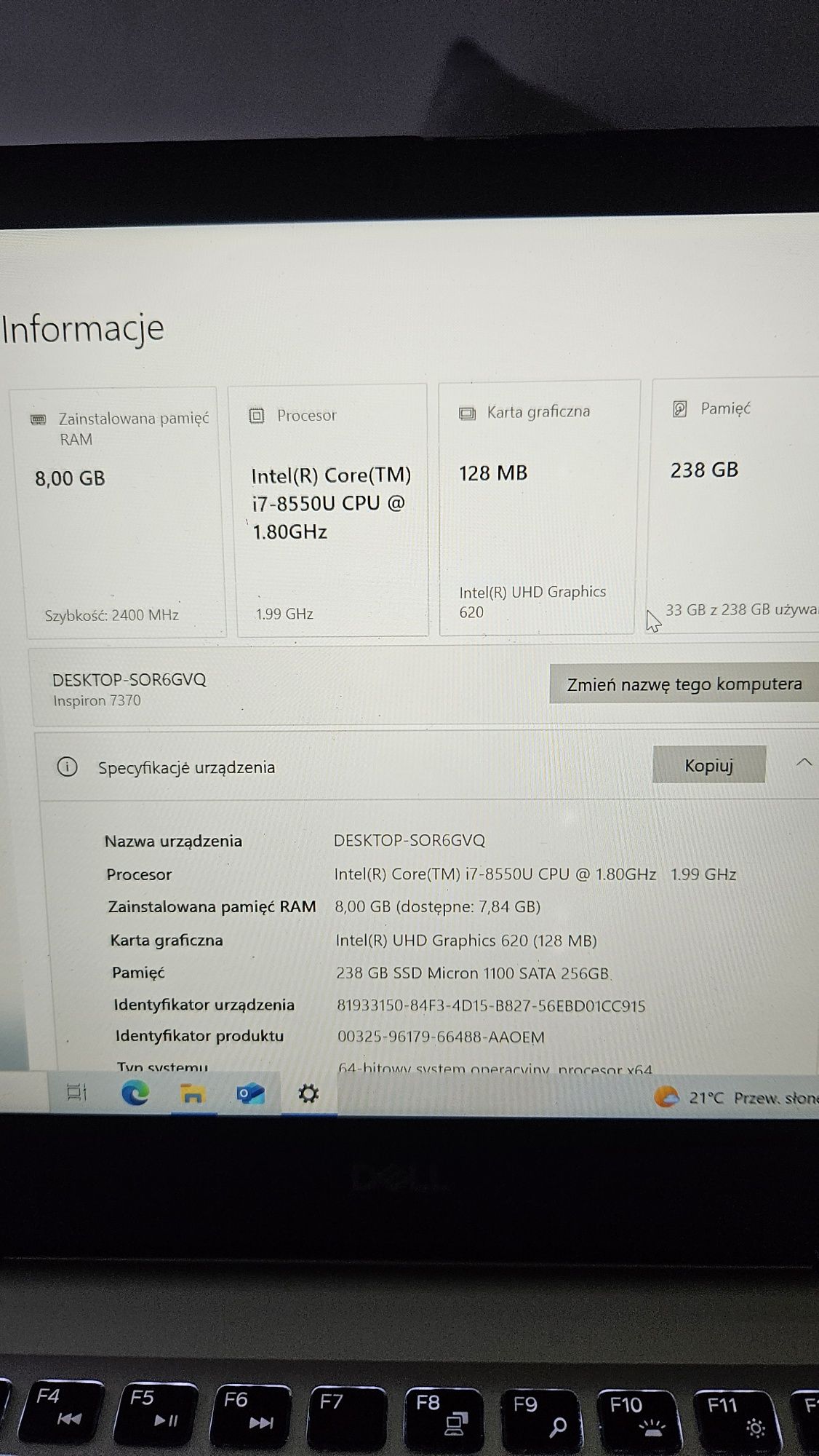Laptop Dell Inspiron 7370 i7-8550u 8/256gb sprawna bateria + zasilacz