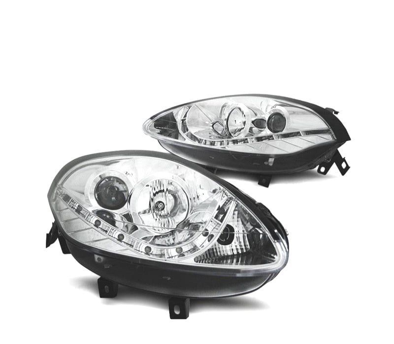 FARÓIS COM LUZ DIURNA LED PARA FIAT BRAVO 07+ FUNDO CROMADO