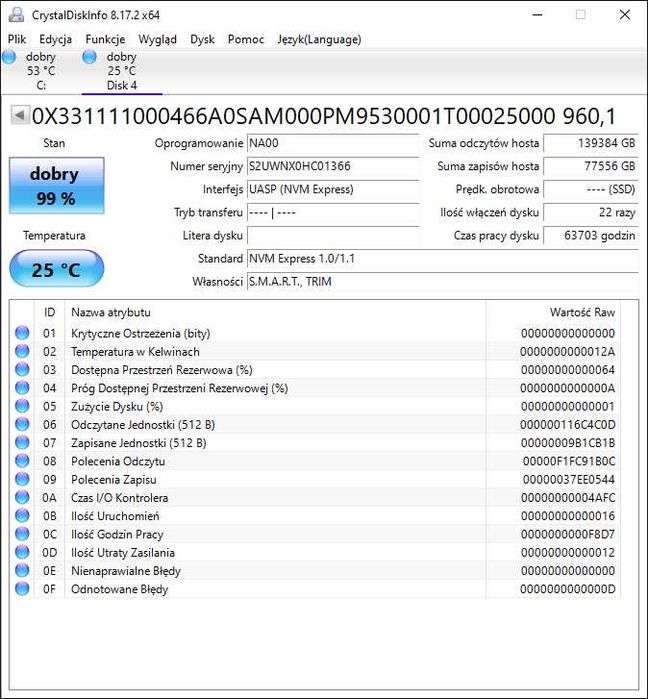 Dysk SSD MZ-1LV9600 Samsung PM953 960GB NVMe M.2 22110