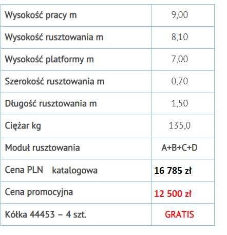 Rusztowanie Zarges 9m 1,5 x 0,7 m przejezdne nowe lekkie kółka gratis