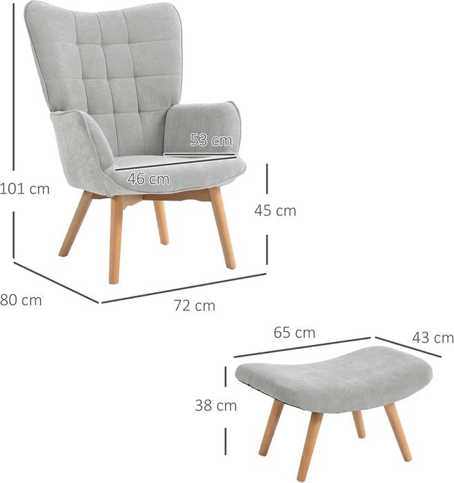 Fotel wypoczynkowy uszak z podnóżkiem do 150 kg szary, drewno bukowe