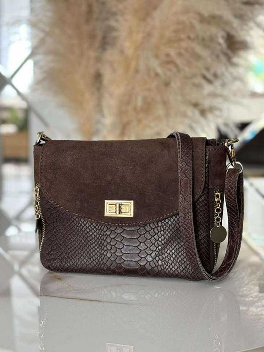 Torebka listonoszka skóra naturalna croco zamsz brązowa czekoladowa