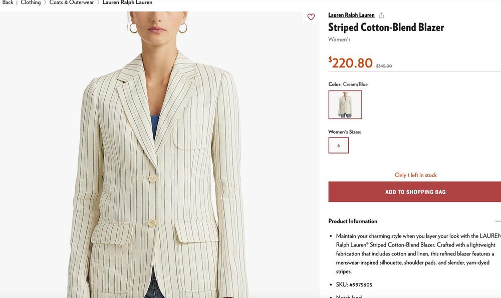 Ralph Lauren striped Cotton-Blend Blazer Пиджак лен с котоном р 10 США