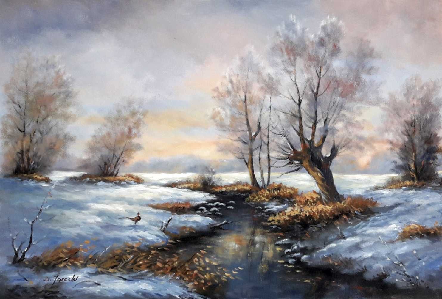 Obraz olejny na płótnie "Zima na wsi" 70x50 cm