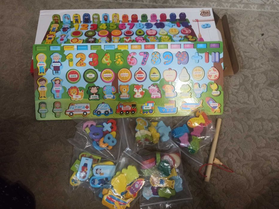 Сортер дерев'яний, мультифункціональний,логічна дошка 7 в одному, укр.