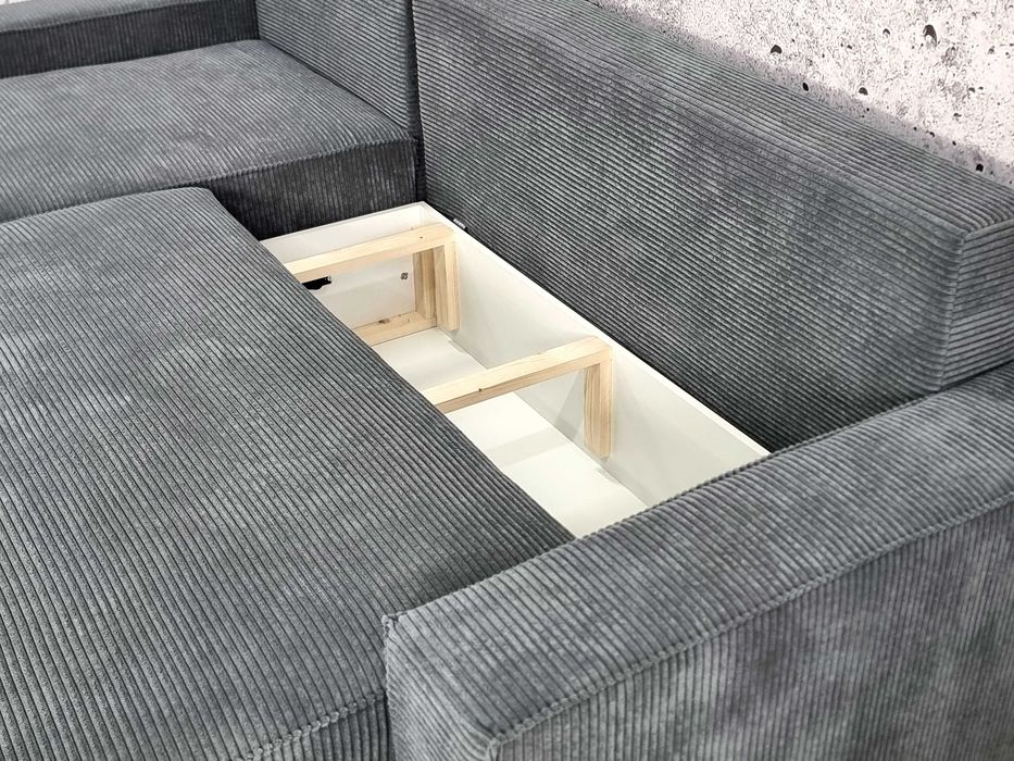 Narożnik z funkcją spania i pojemnikiem na pościel. Sprężyny. Sztruks