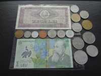 Rumunia zestaw monet plus dwa banknoty 1 i 10 lei.