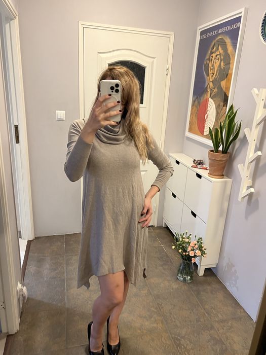 Wiskoza kaszmit sukienka tunika golf uniwersalna beżowa