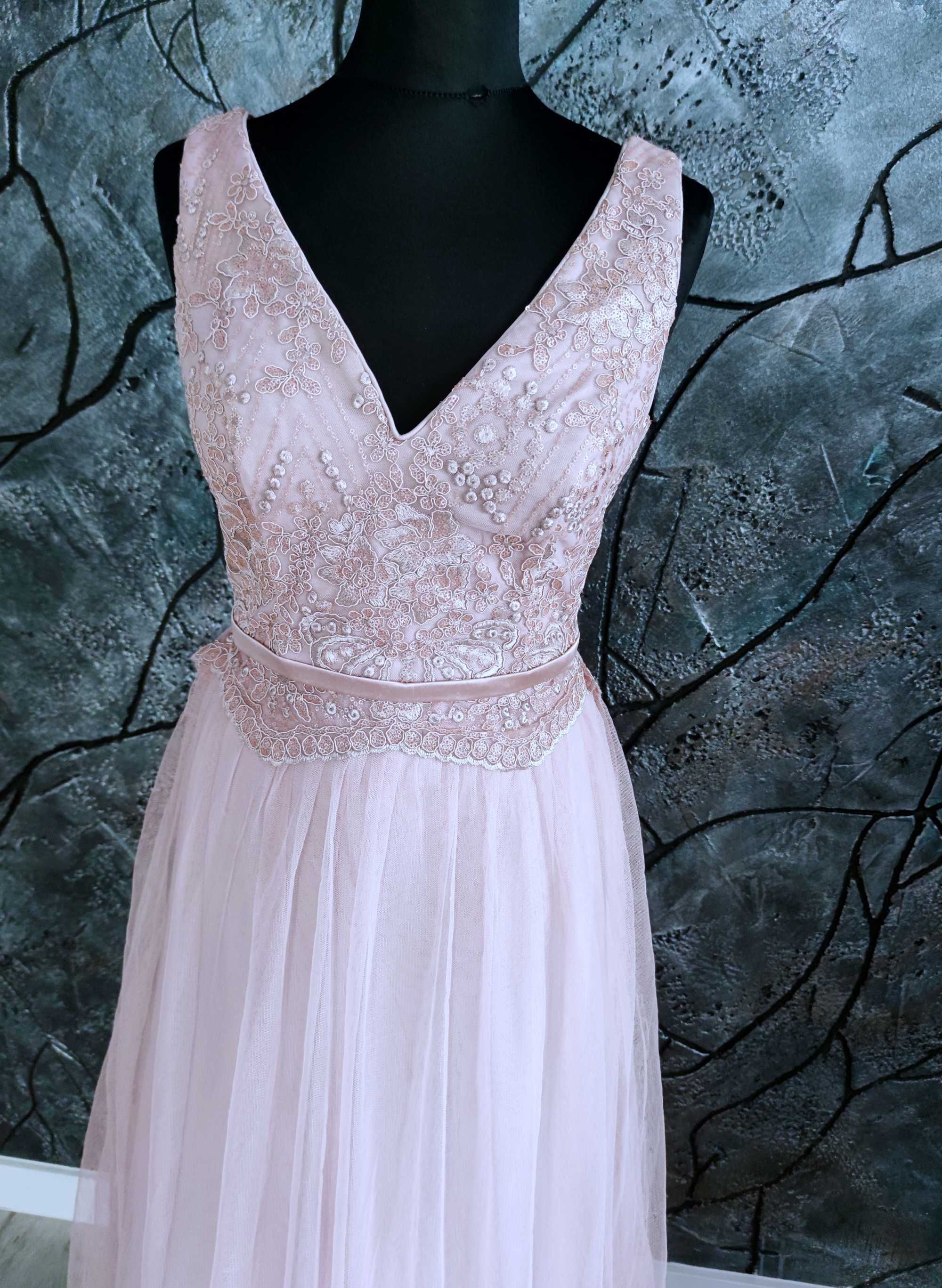 Długa tiulowa suknia balowa  koronkowa rozmiar m 38 z koronką ślubna