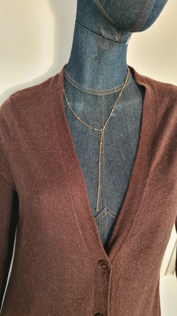 Długi sweter Kardigan. Czekoladowy Orzechowy Brązowy. Kaszmir Angora M