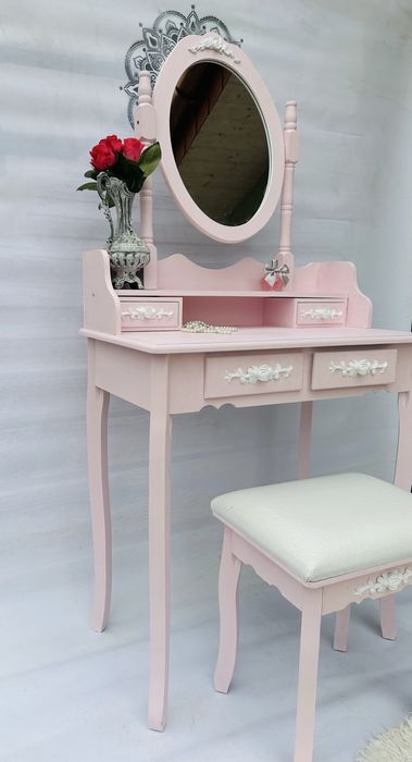Toaletka z lustrem, pudrowy róż, GRATIS stołek