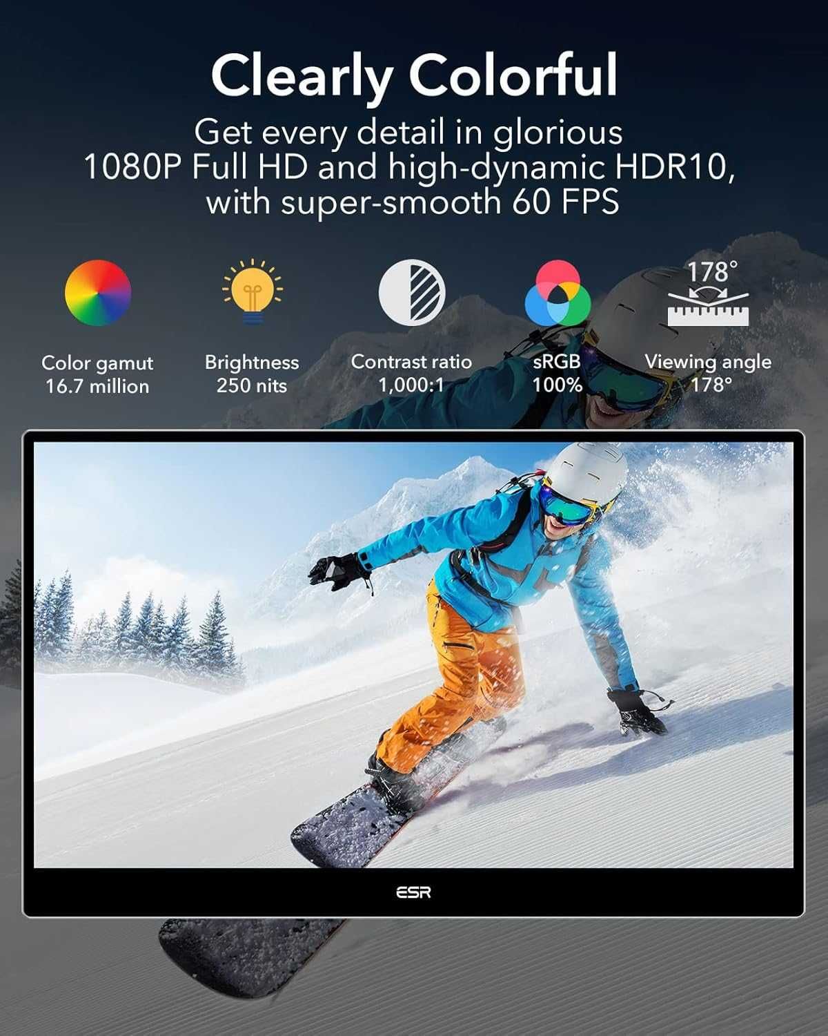 ESR Przenośny monitor do laptopa lub telefonu, 15,6" 1080P HDR