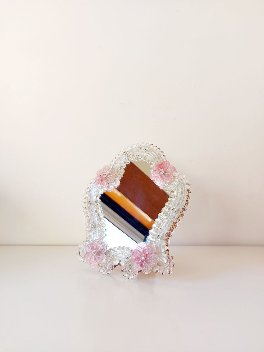 Espelho de toucador em vidro de murano branco e rosa - cómoda venezian