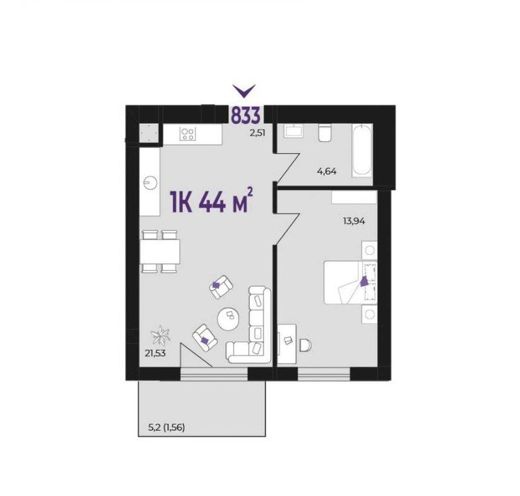 Продається 1 кім. квартира 44м2 в ЖК "Вавель"  поруч т.ц. "Veles Mall"