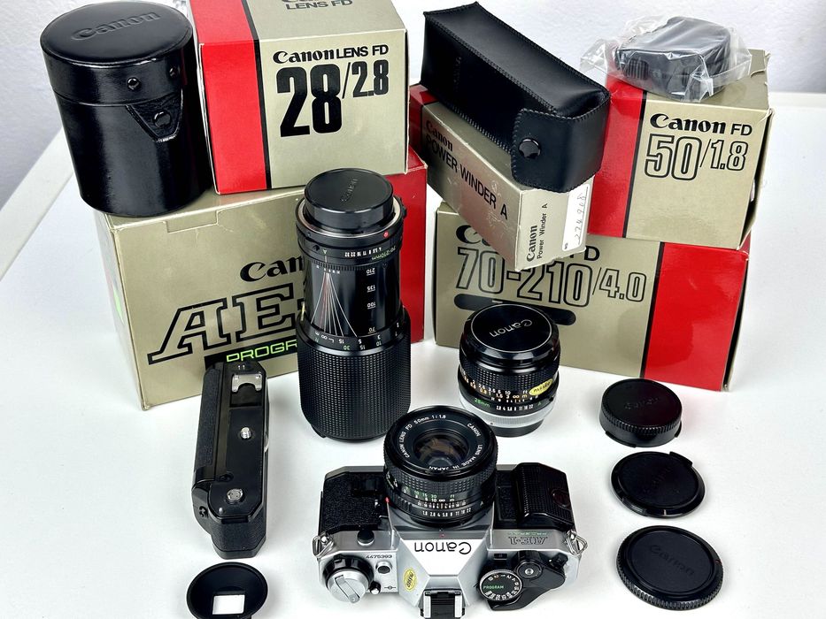 Canon AE-1 Program + 3 obiektywy + Power Winder A | w pudełkach