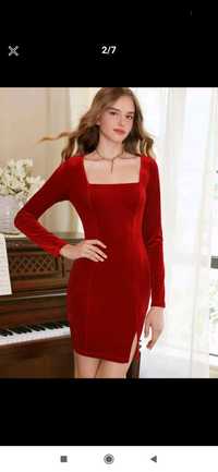 Nowa welurowa czerwona sukienka damska aksamitna z długim rękawem