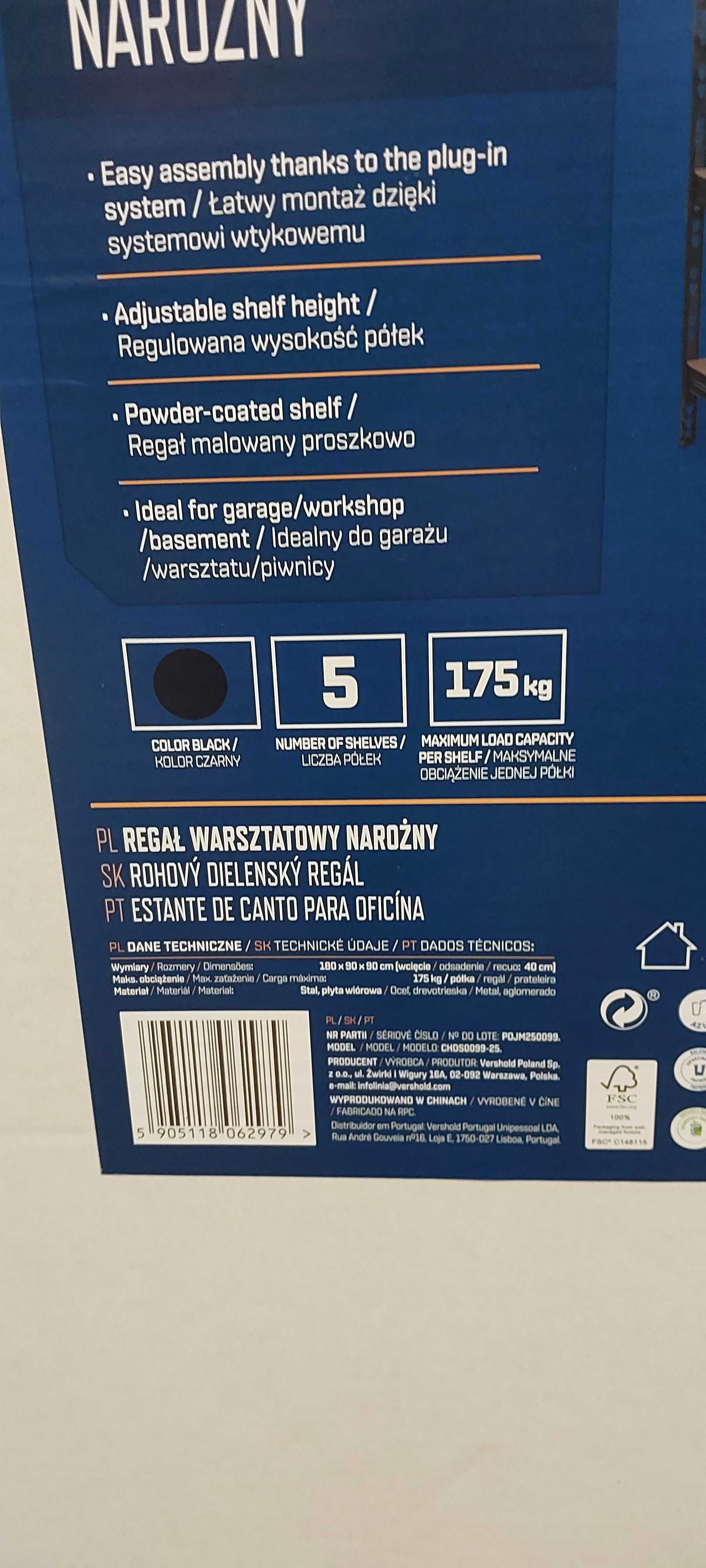Regał warsztatowy magazynowy garażowy narożny czarny metal Nowy 180x90