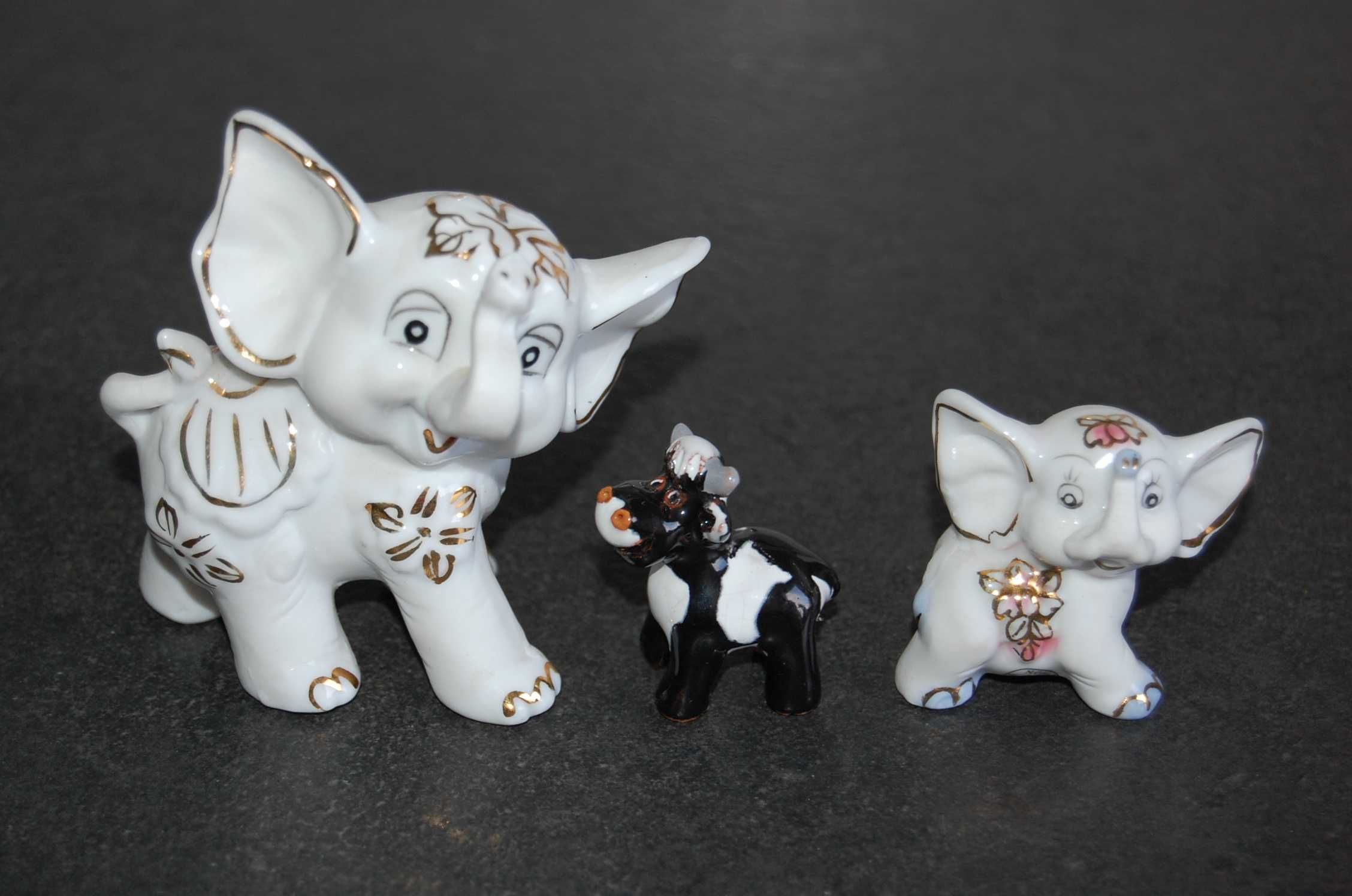 Figurki porcelanowe - 2 słoniki i krowa - zestaw