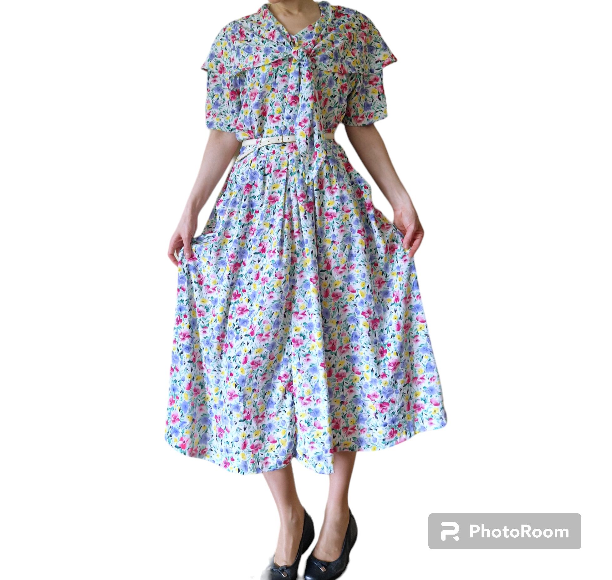 Zestaw vintage 80s koszula + spódnica midi kwiaty