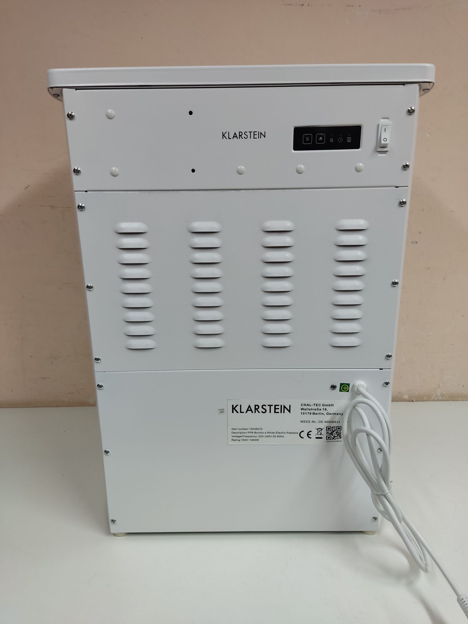 Bormio S WH, kominek elektryczny, 950/1900 W, termostat,, biały