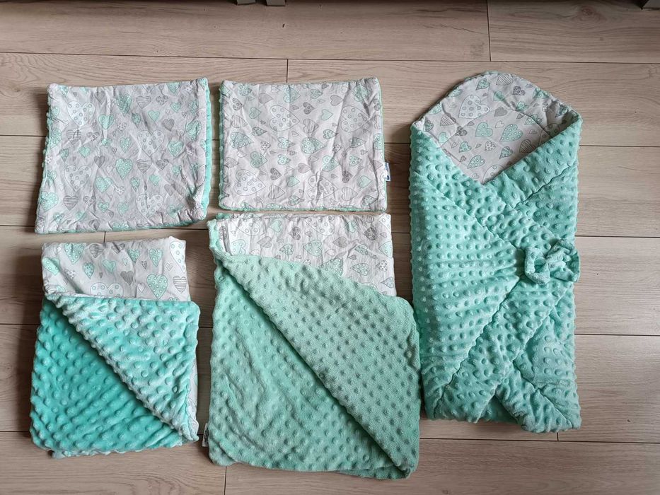Zestaw pościeli dla niemowlaka kołderka do wózka becik miętowy minky