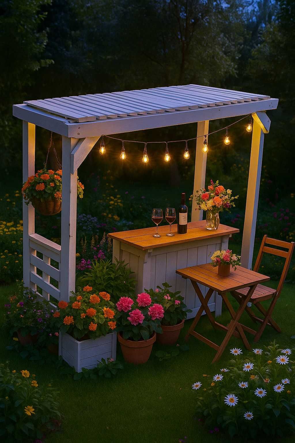 Pergola huśtawka biała drewniana okazja drewutnia