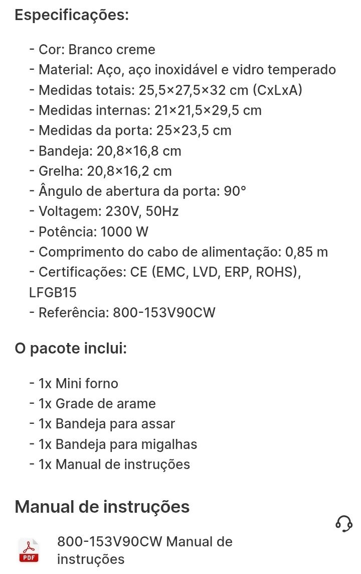 Homcom mini forno elétrico 15L 1000w com temperatura  até 230°C