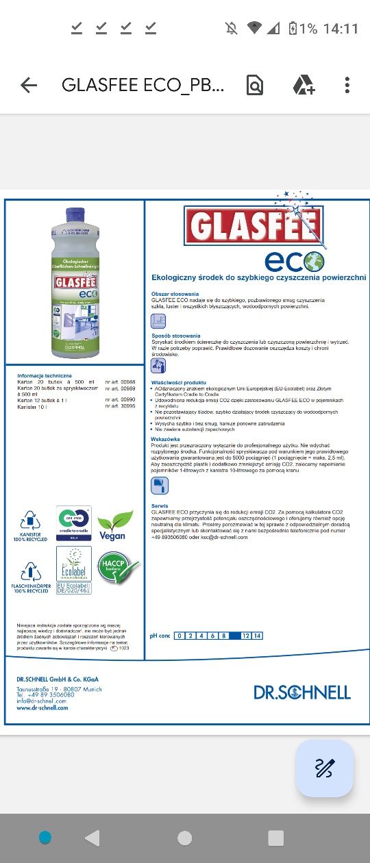 Glasfee ECO DR.SCHNELL 500ml Niemiecki czyszczenie szkła ,mycie okien