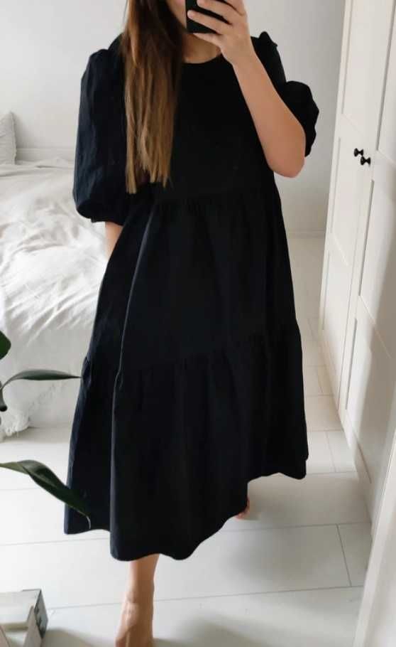 Zara czarna asytemtryczna popelinowa sukienka M/L