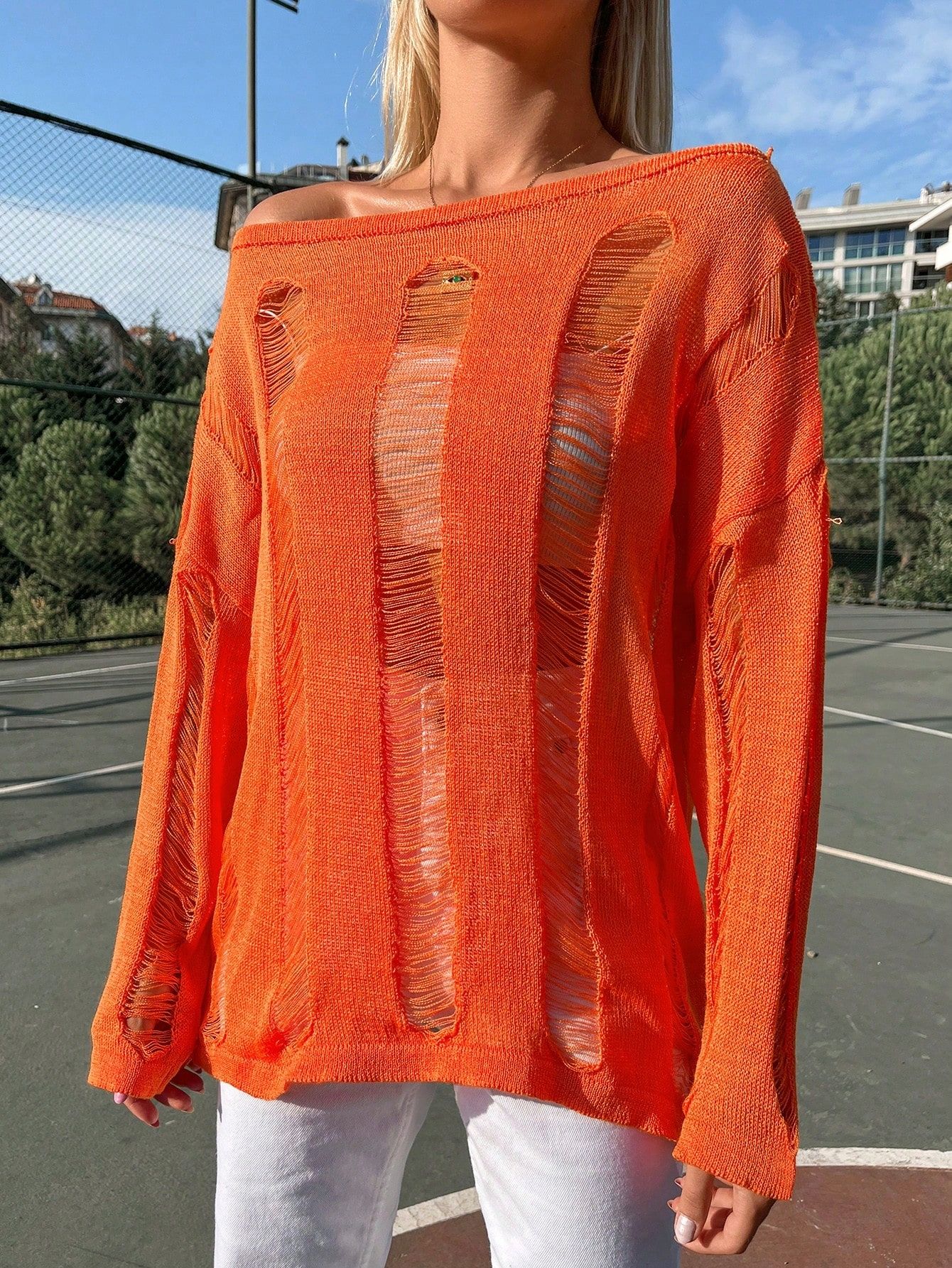 Sweterek Podarty Poszarpany Luźny Pomarańczowy Casual Shein S 36