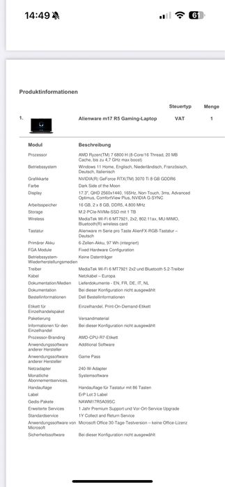 Laptop Dell ALIENWARE R5 M17 AMD 6800H / 3070TI / 1 TB / 16 GB