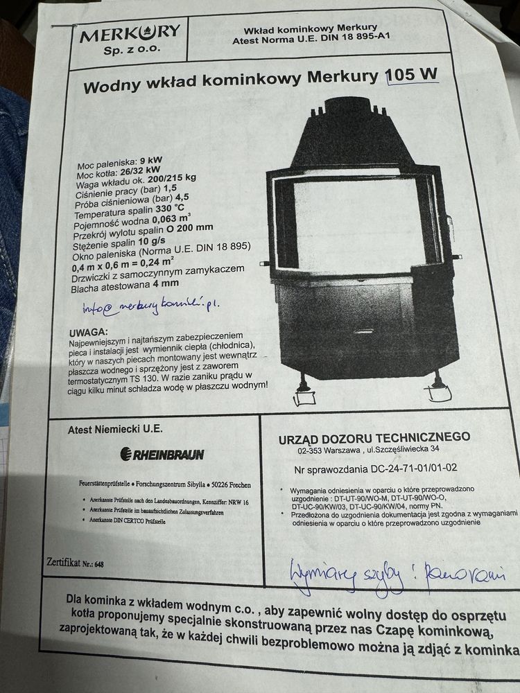 Wkład kominkowy Merkury 105W, z płaszczem wodnym