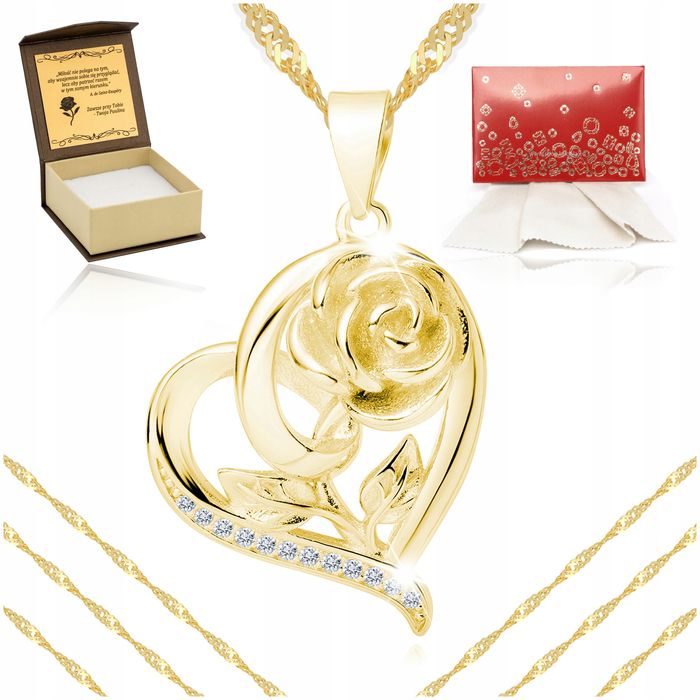 Złoty Naszyjnik Serce 925/585 Serduszko Z Różą Łańcuszek Zawieszka + G