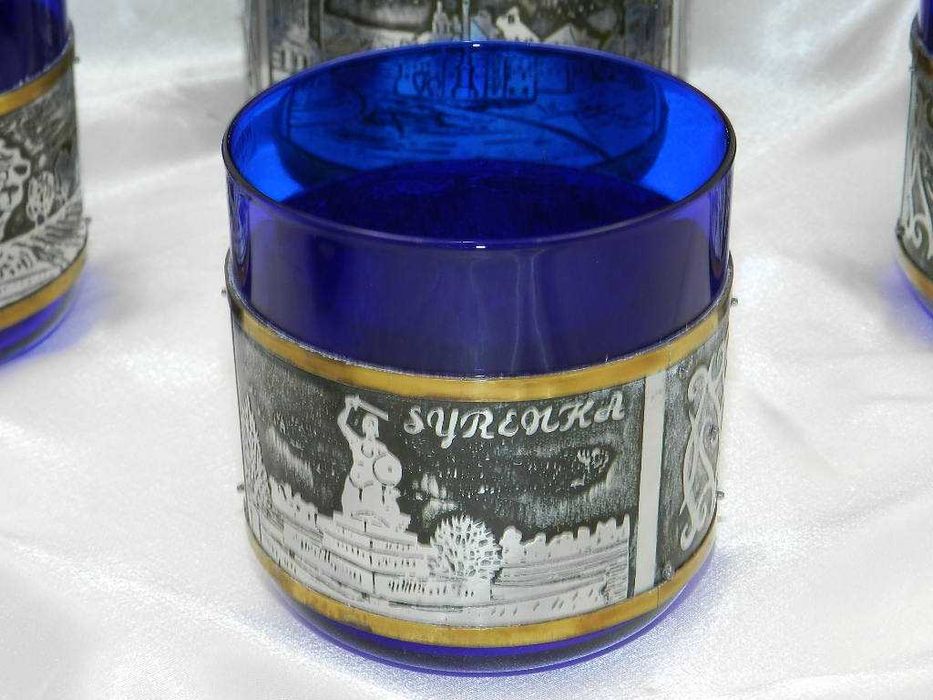 Kobaltowy okuwany zestaw do napojów WARSZAWA Huta Hortensja lata 70-80