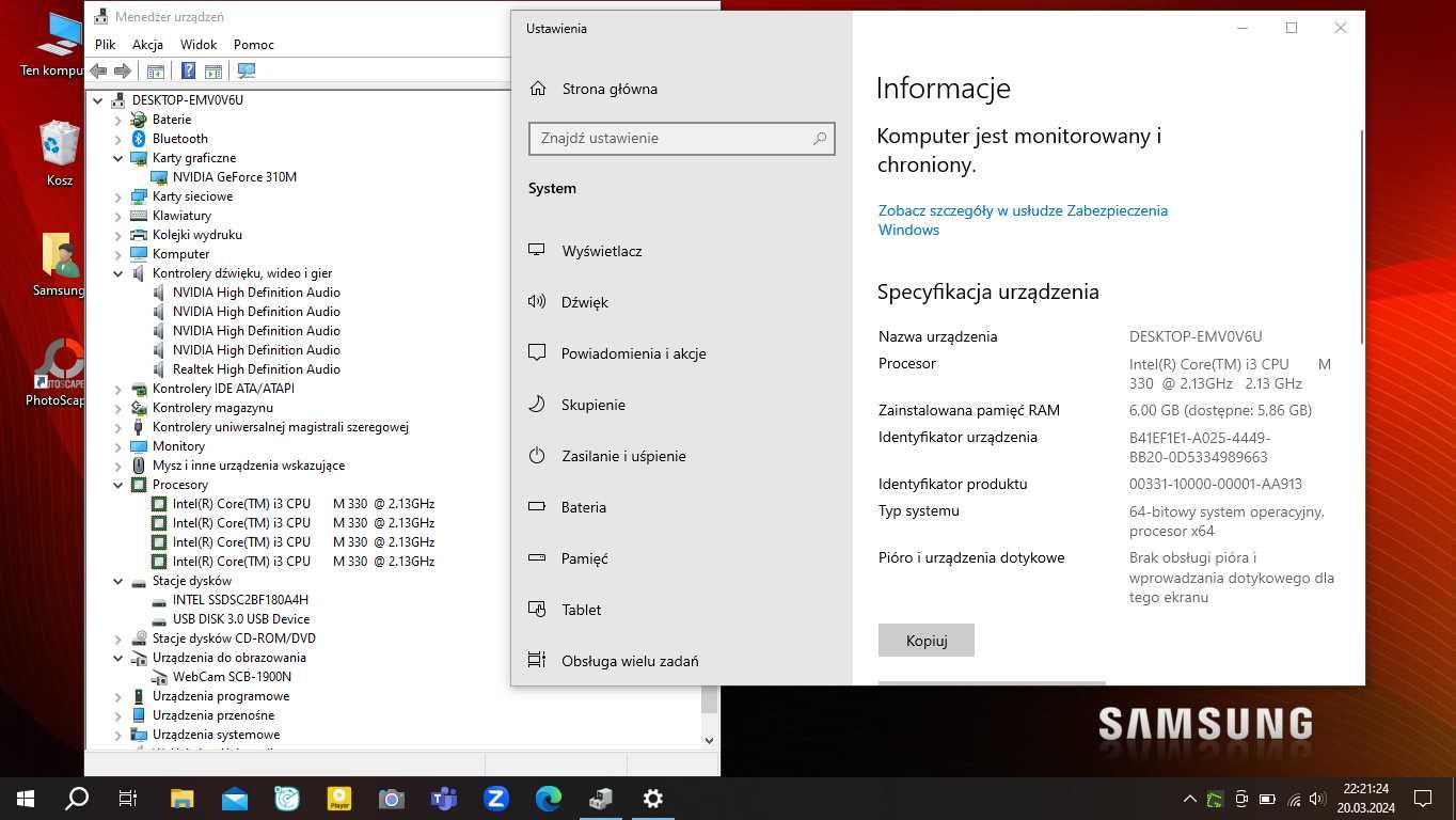 Piękny samsung R580/ i3/6gb-ram/180gb-ssd/nVidia/win10/bateria-1,5h