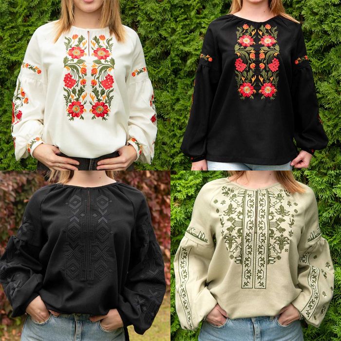 Вишиванка жіноча з орнаментом лляна блуза з вишивкою з довгим рукавом