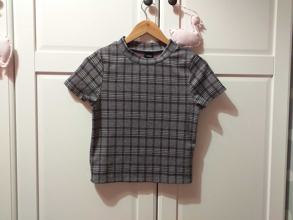 Sinsay elegancka bluzka sweterkowa pepitka szara krótka rozmiar S 36