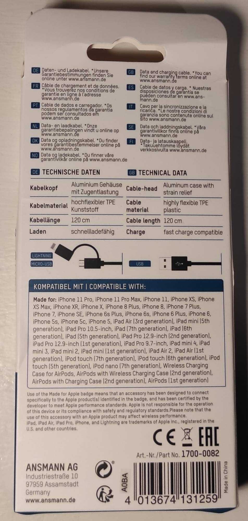 Kabel 2w1 Micro-USB/Lightning do iPhone iPad iPod | Ansmann