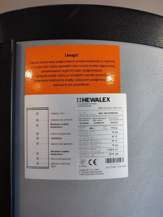 Bojler cwu 300 l. Firmy Hewalex (z włazem rewizyjnym)
