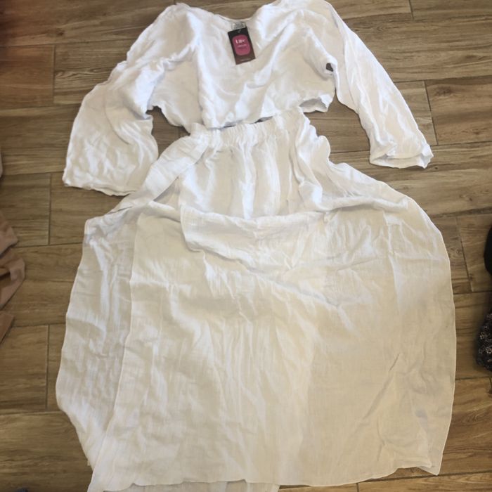 Bialy lniany komplet + sukienka S/M