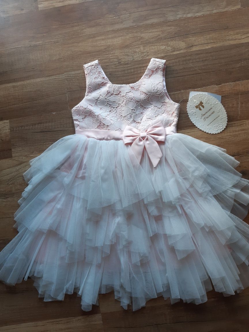 Sukienka tiulowa Biała 98 American Princess 3 pudrowy róż koronka nowa