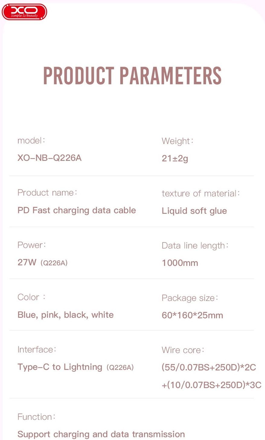 XO kabel NB-Q226A USB-C - Lightning 1m 27W czarny