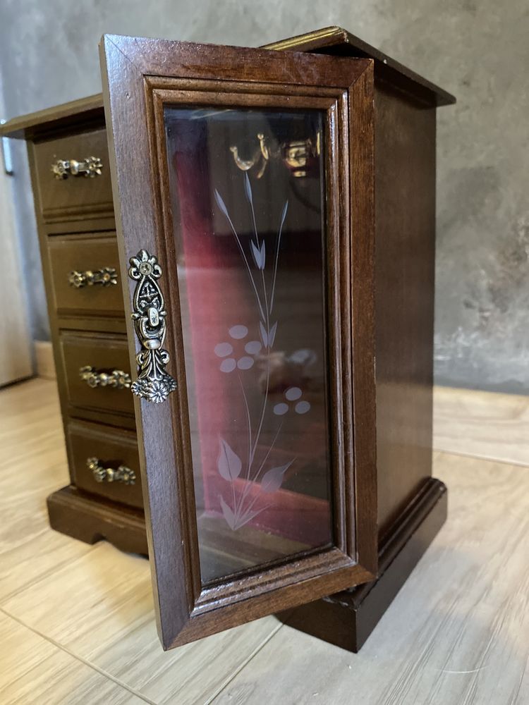 Drewniana szkatułka mele jewelry box na biżuterię pozytywka vintage