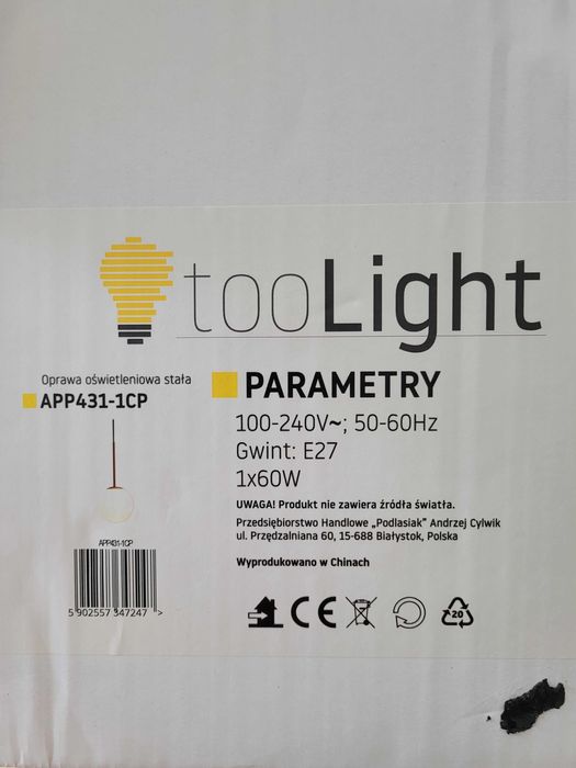 Nowa lampa wisząca sufitowa szklana biała mleczna Toolight app431-1cp