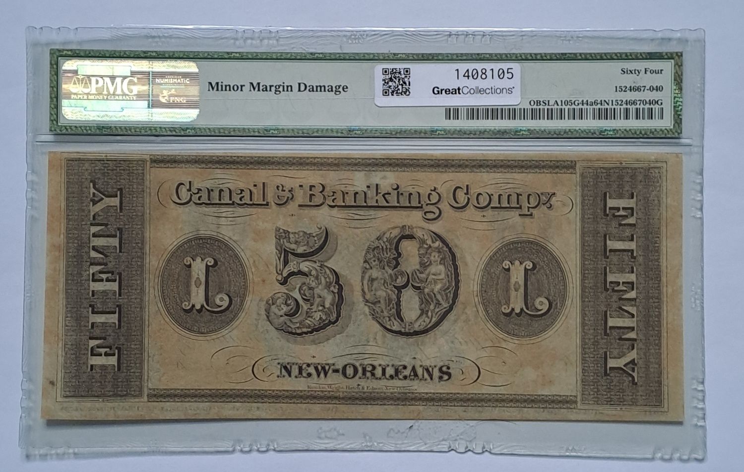Piękny.Stary banknot 50 dolarów 1840's New Orleans Louisiana.PMG64.