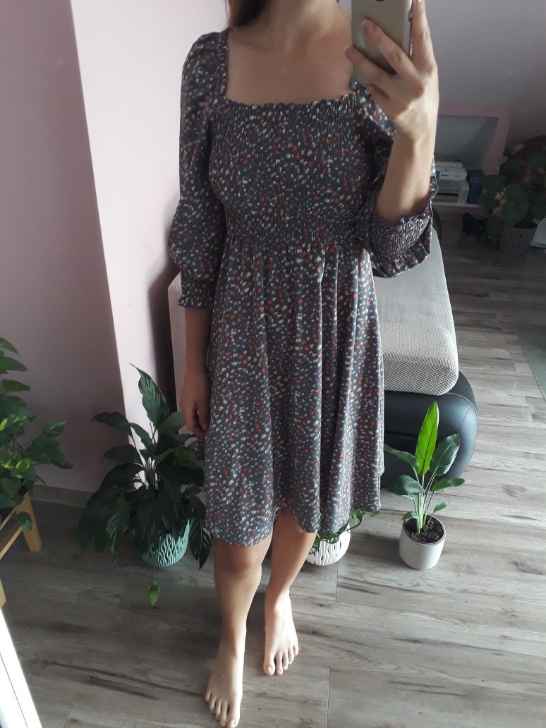 Retro sukienka do kolan w kwiaty dekolt kwadratowy karo rozm S shein