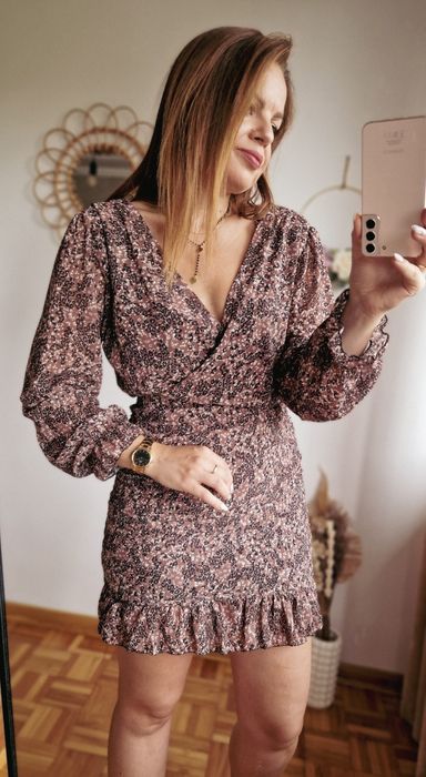 Sukienka z marszczeniami jesien panterka Varlesca chicaca XS S M