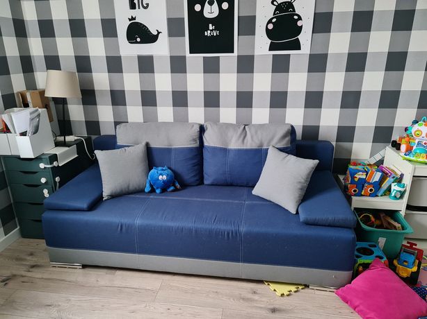 Sofa niebiesko-szara, rozkładana