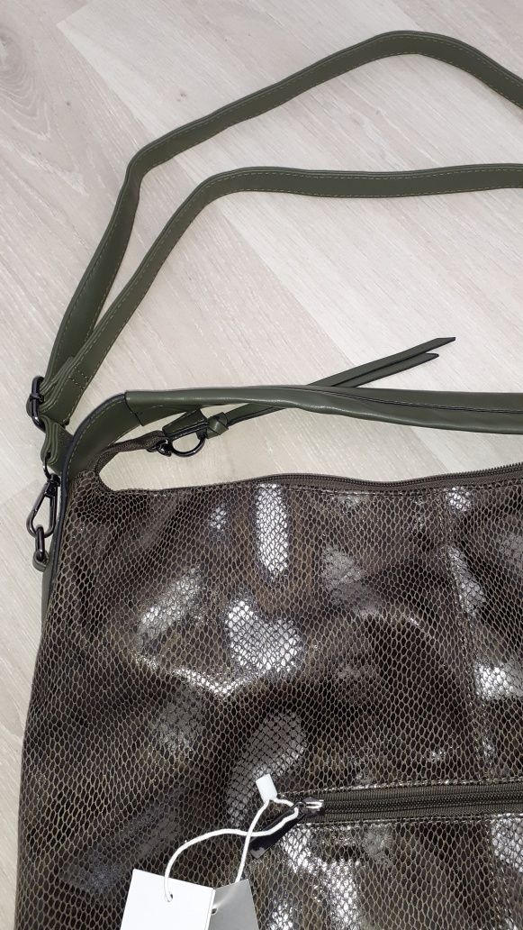 Damska duża torebka shopperka khaki butelkowa zieleń brązowa srebrna