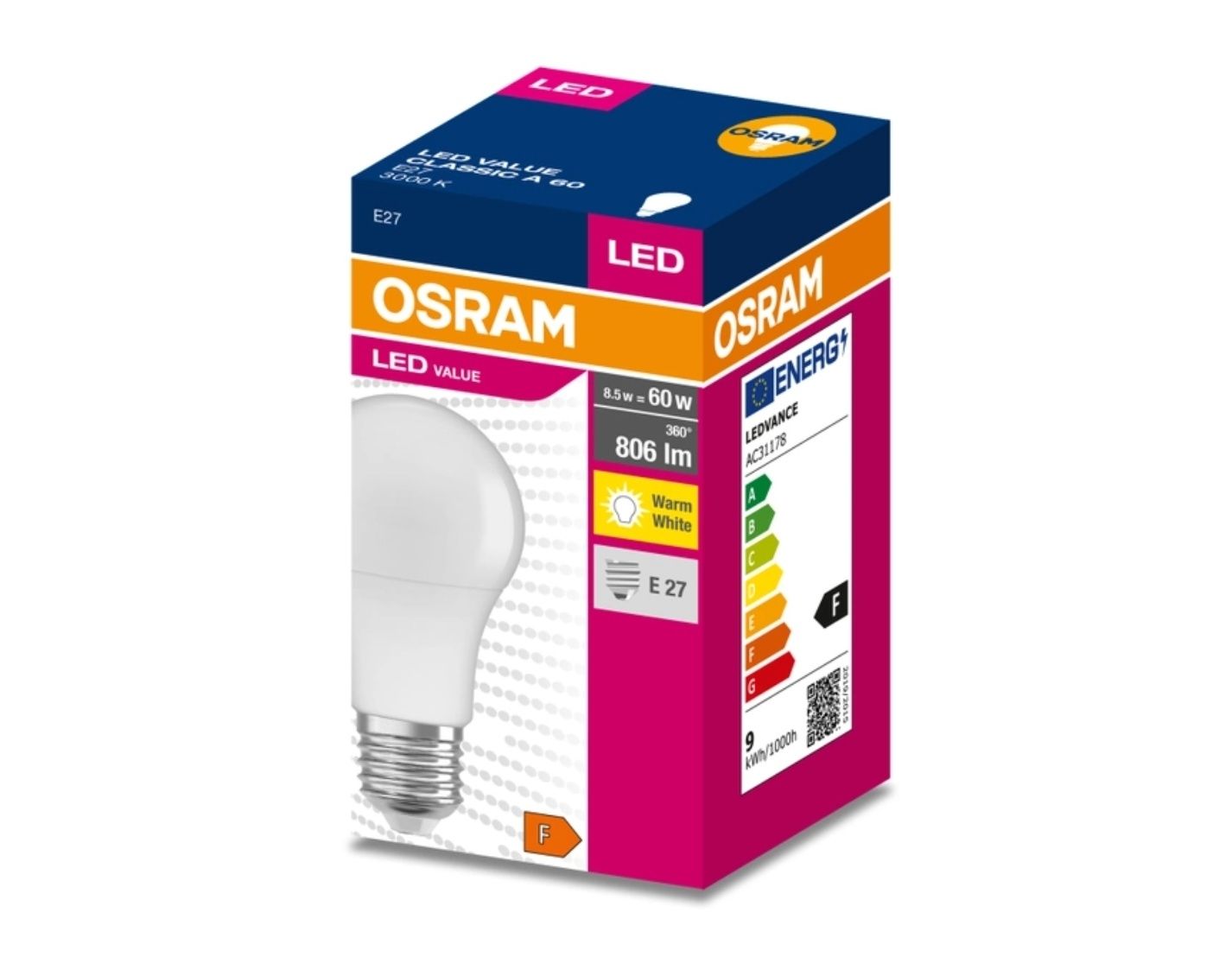 Характеристики Лампа светодиодная Osram 8,5W/230V/806lm/2700К/E27 (405